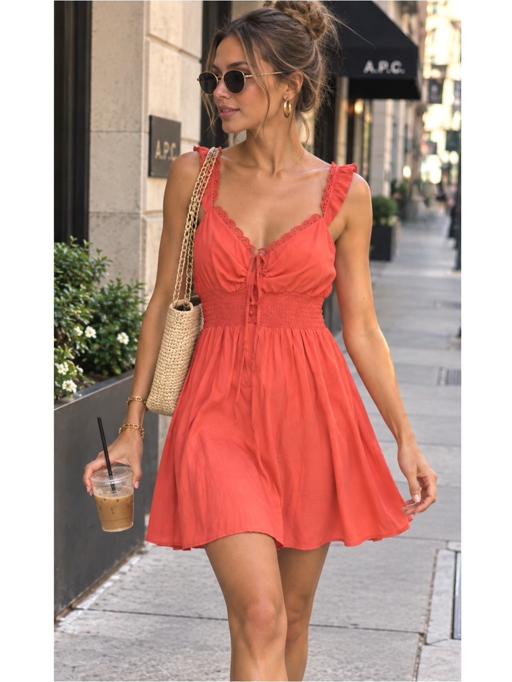 Lumiere Eyelet Ruffle Cami Dress in Coral Stretch Bodice Fit & Flare size s/m/L